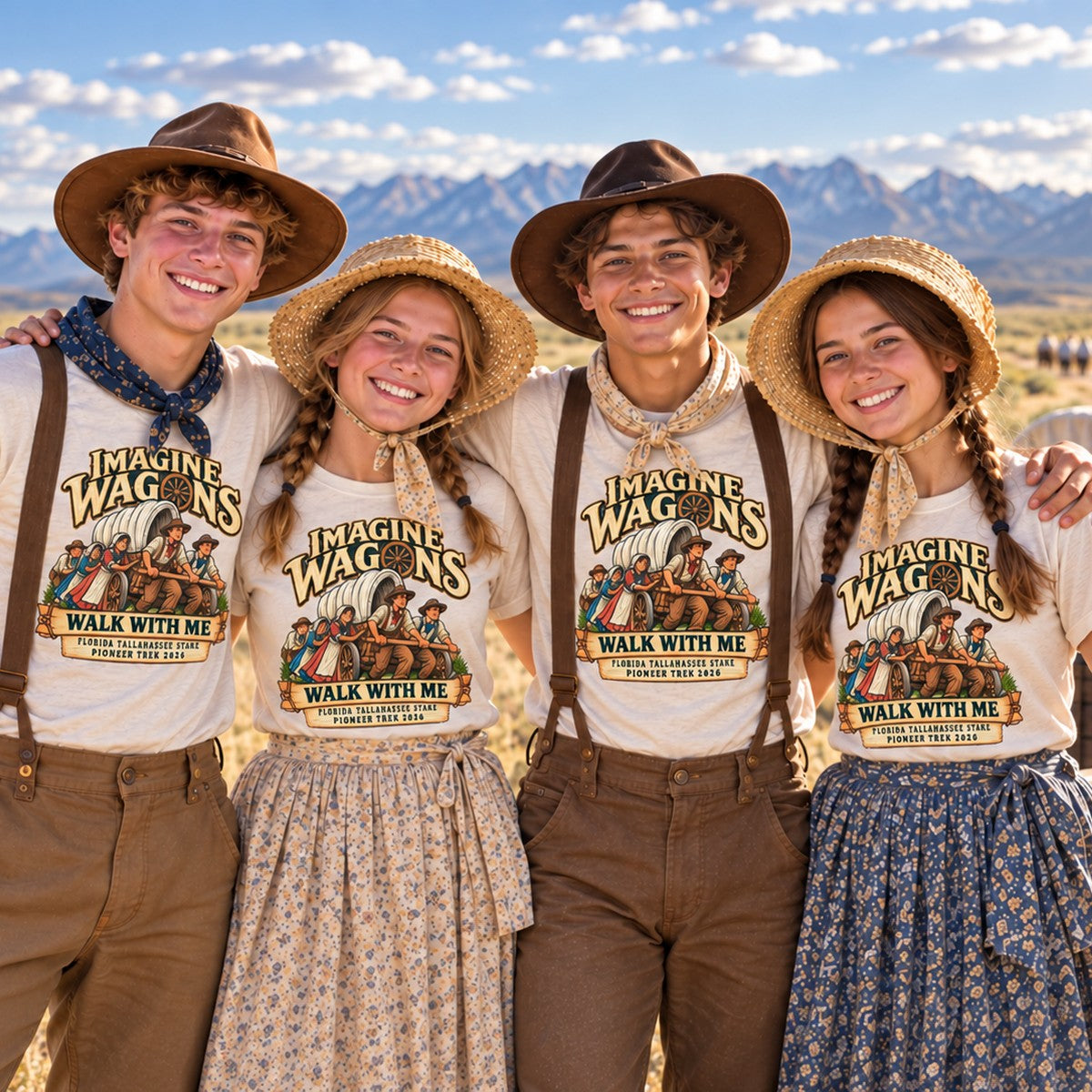 Four youth in pioneer trek clothing wearing matching Imagine Wagons group order shirts
