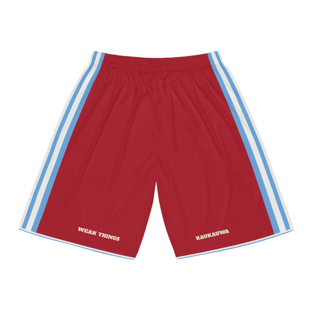 Fiji Suva Mission Basketball Shorts, back view with WEAK THINGS and KAUKAUWA on the legs