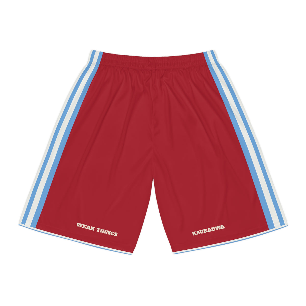Fiji Suva Mission Basketball Shorts, back view with WEAK THINGS and KAUKAUWA on the legs