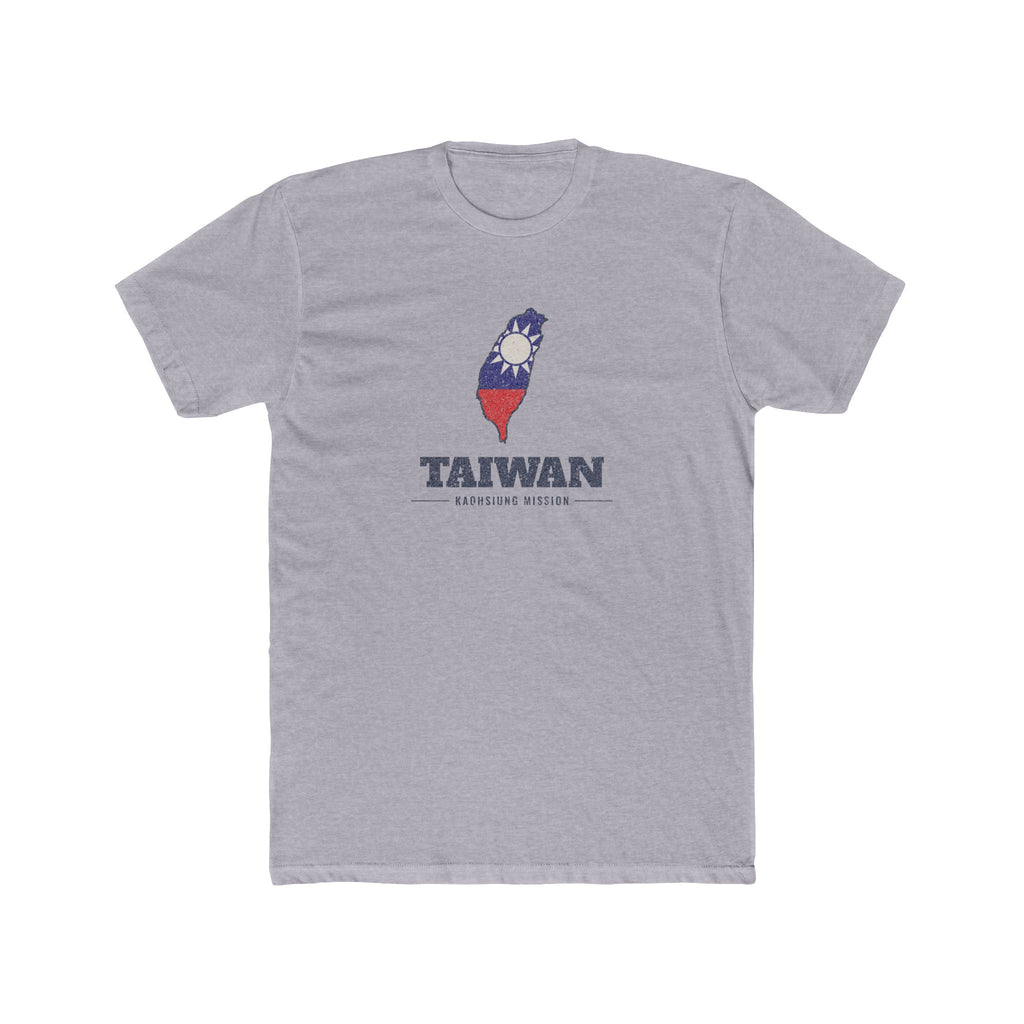 Taiwan Kaohsiung Mission Flag Map shirt in Heather Grey: flag of Taiwan in the outline of Taiwan with navy lettering, front view
