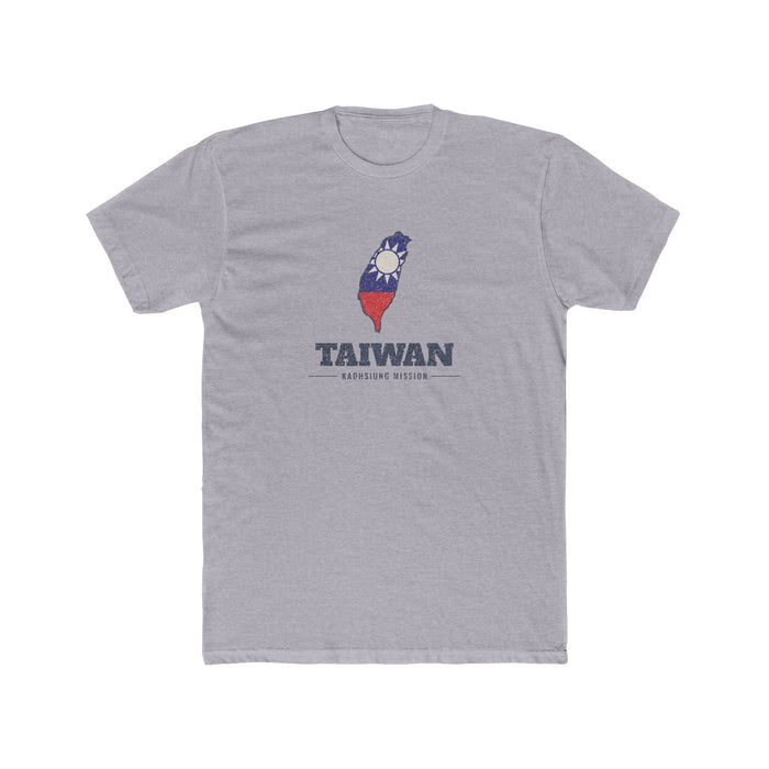 Taiwan Kaohsiung Mission Flag Map shirt in Heather Grey: flag of Taiwan in the outline of Taiwan with navy lettering, front view
