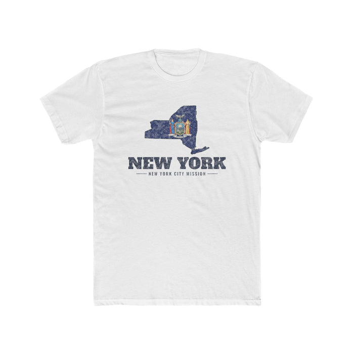 New York New York City Mission Flag Map shirt in White: New York state flag in the outline of New York with navy lettering, front view