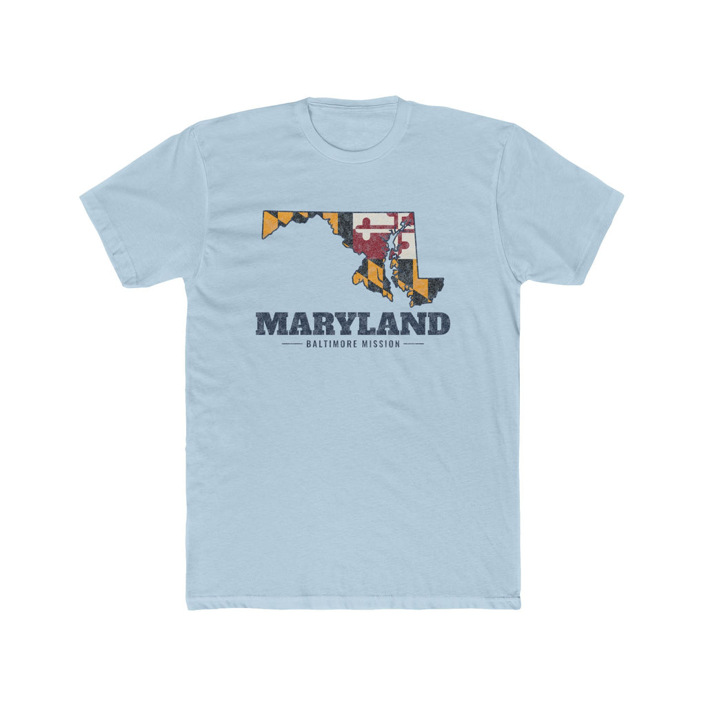 Maryland Baltimore Mission Flag Map shirt in Desert Pink: Maryland state flag in the outline of Maryland with navy lettering, front view