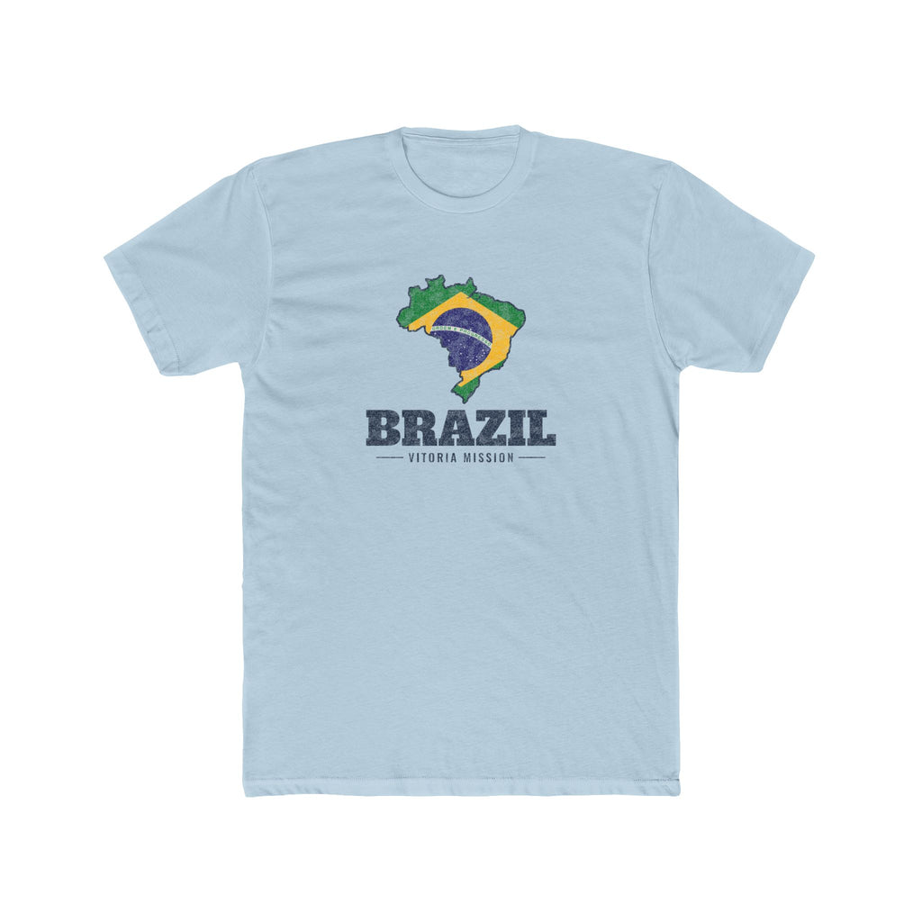 Brazil Vitoria Mission Flag Map shirt in Desert Pink: flag of Brazil in the outline of Brazil with navy lettering, front view