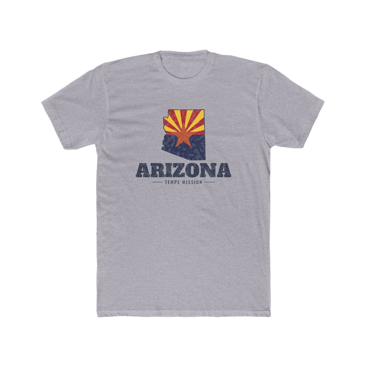 Arizona Tempe Mission Flag Map shirt in Heather Grey: Arizona state flag in the outline of Arizona with navy lettering, front view