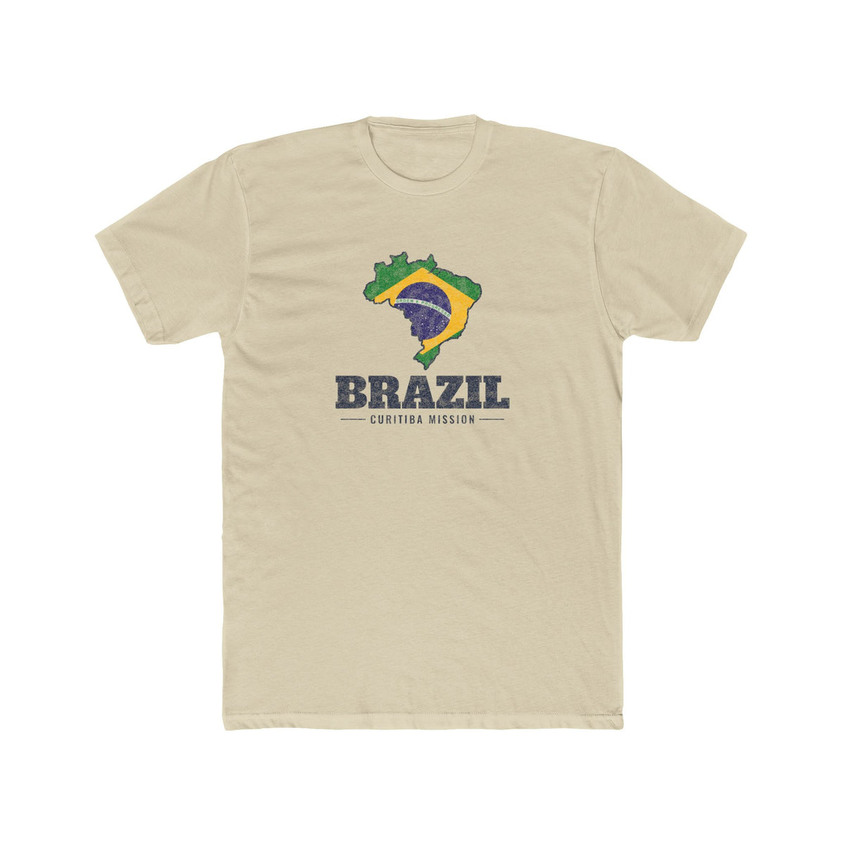 Brazil Curitiba Mission Flag Map shirt in Cream: flag of Brazil in the outline of Brazil with navy lettering, front view