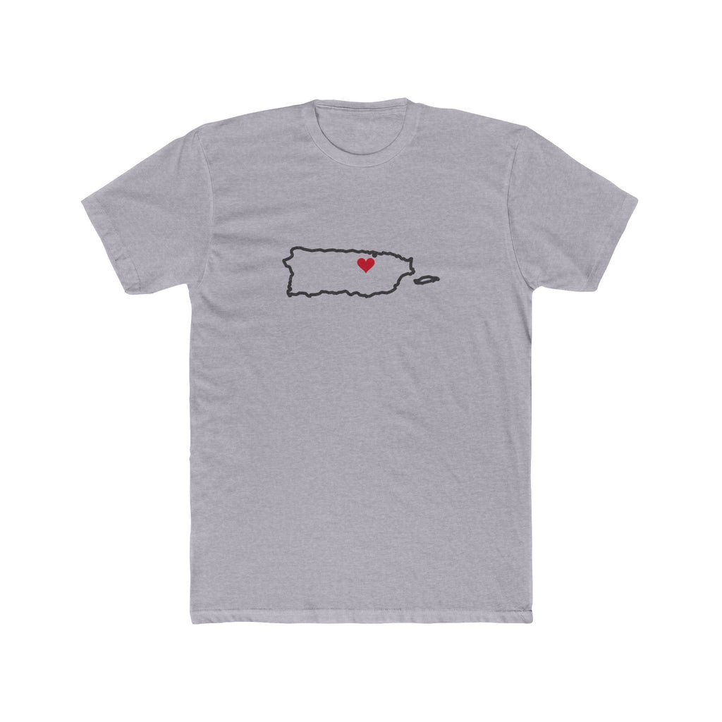 Puerto Rico San Juan Mission Heart Map shirt in Heather Grey: Puerto Rico outline with a red heart, front view