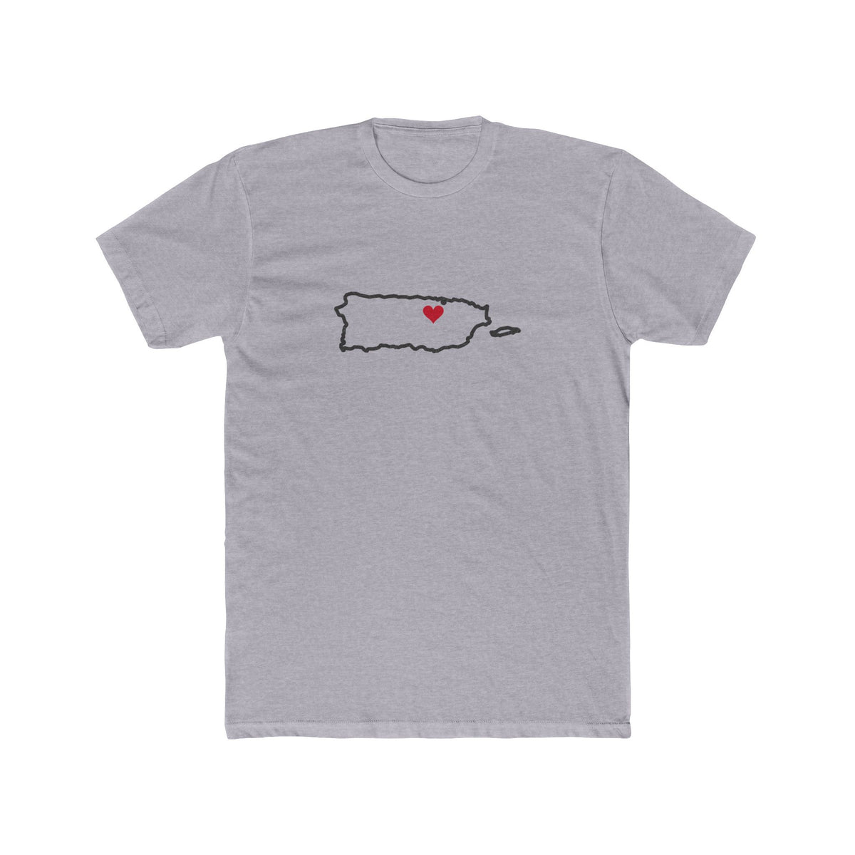 Puerto Rico San Juan Mission Heart Map shirt in Heather Grey: Puerto Rico outline with a red heart, front view