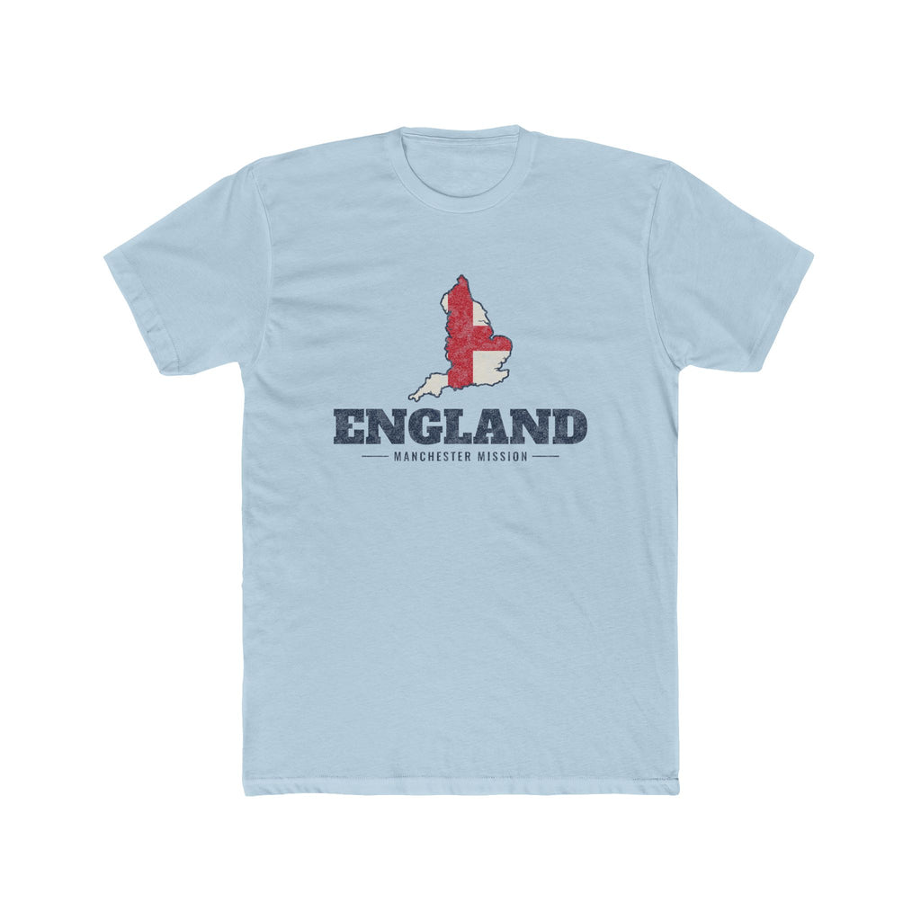 England Manchester Mission Flag Map shirt in Desert Pink: flag of England in the outline of England with navy lettering, front view