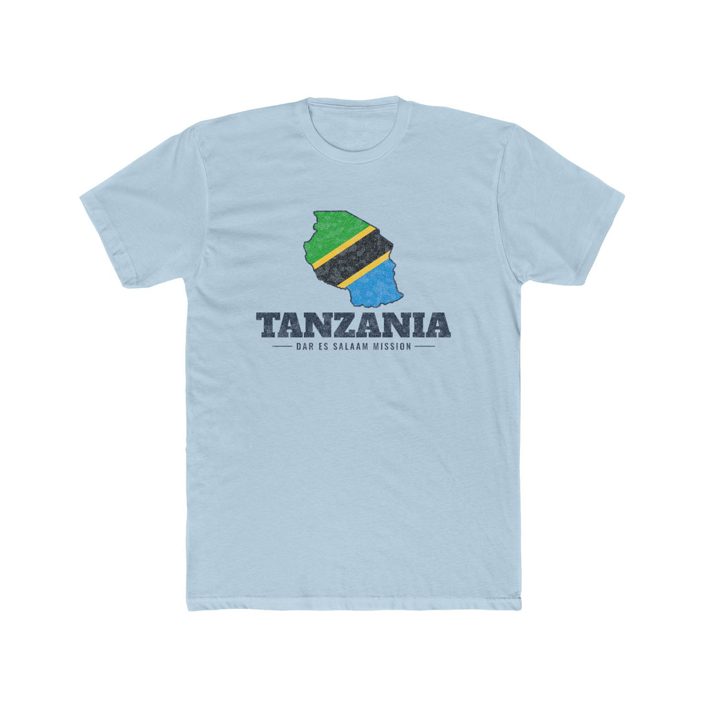 Tanzania Dar es Salaam Mission Flag Map shirt in Desert Pink: flag of Tanzania in the outline of Tanzania with navy lettering, front view