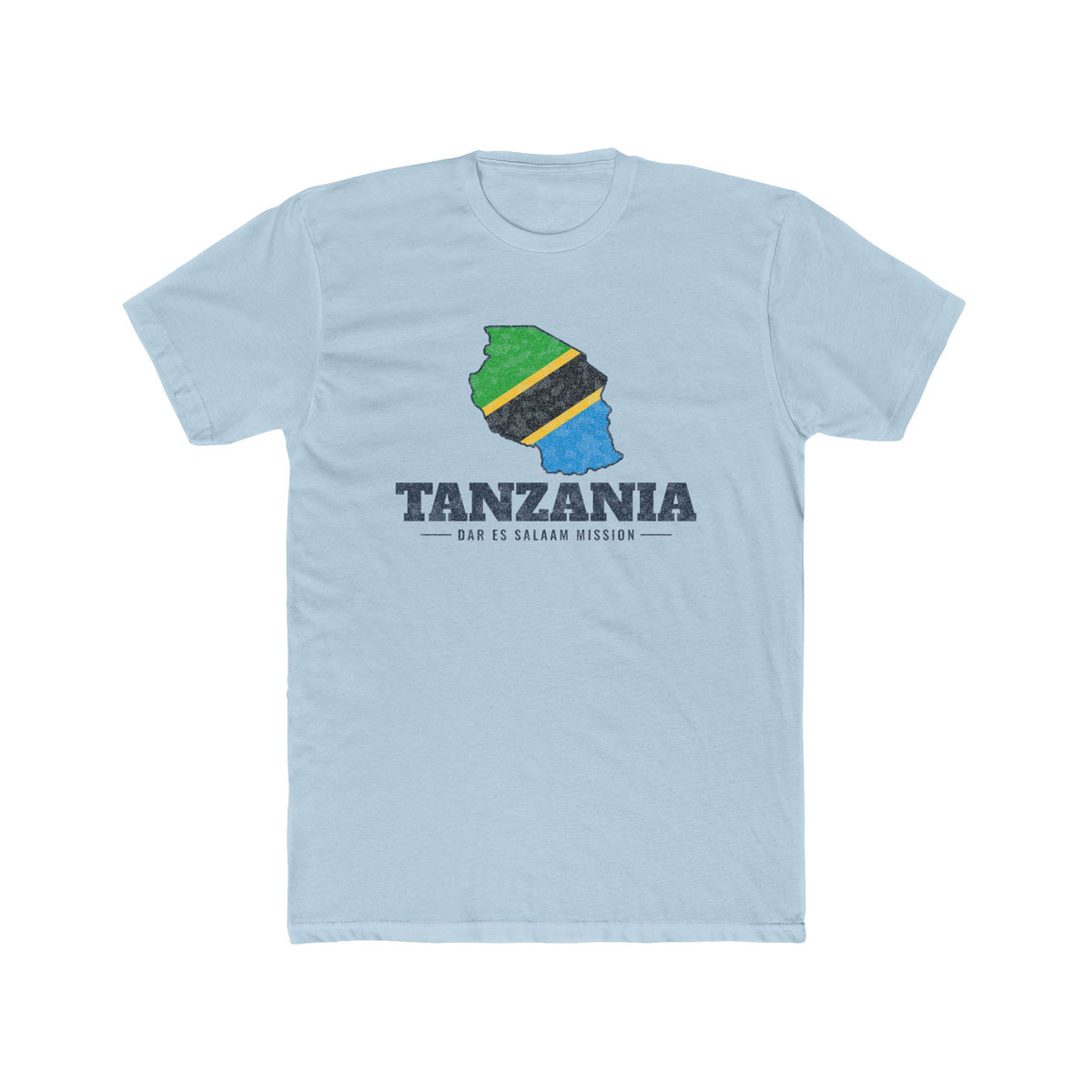 Tanzania Dar es Salaam Mission Flag Map shirt in Desert Pink: flag of Tanzania in the outline of Tanzania with navy lettering, front view