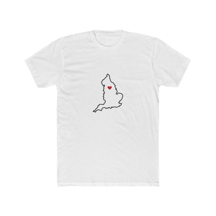 England Leeds Mission Heart Map shirt in White: England outline with a red heart, front view