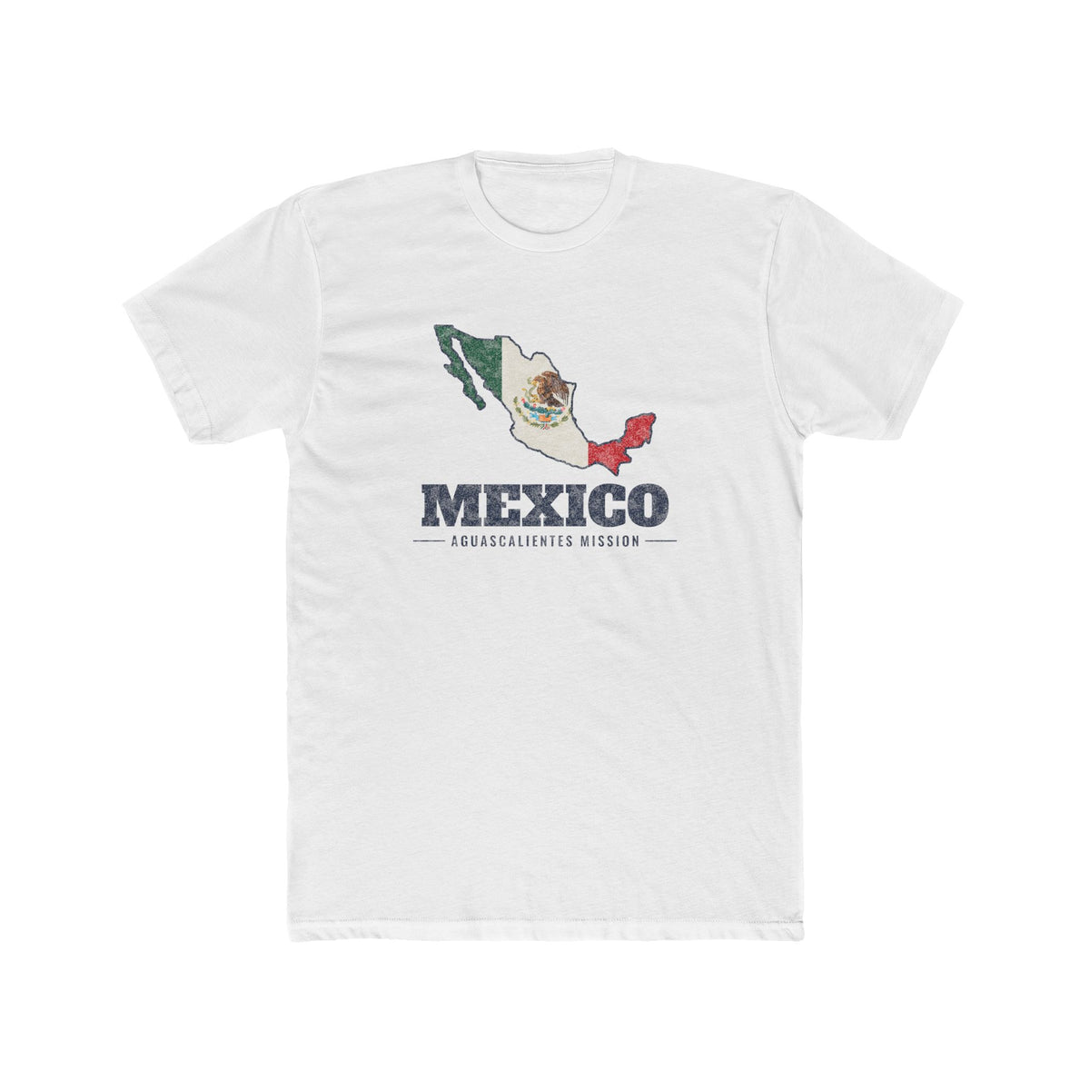Mexico Aguascalientes Mission Flag Map shirt in White: flag of Mexico in the outline of Mexico with navy lettering, front view