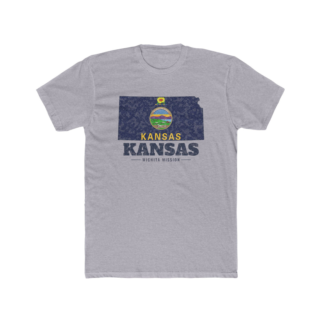 Kansas Wichita Mission Flag Map shirt in Heather Grey: Kansas state flag in the outline of Kansas with navy lettering, front view