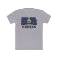 Kansas Wichita Mission Flag Map shirt in Heather Grey: Kansas state flag in the outline of Kansas with navy lettering, front view