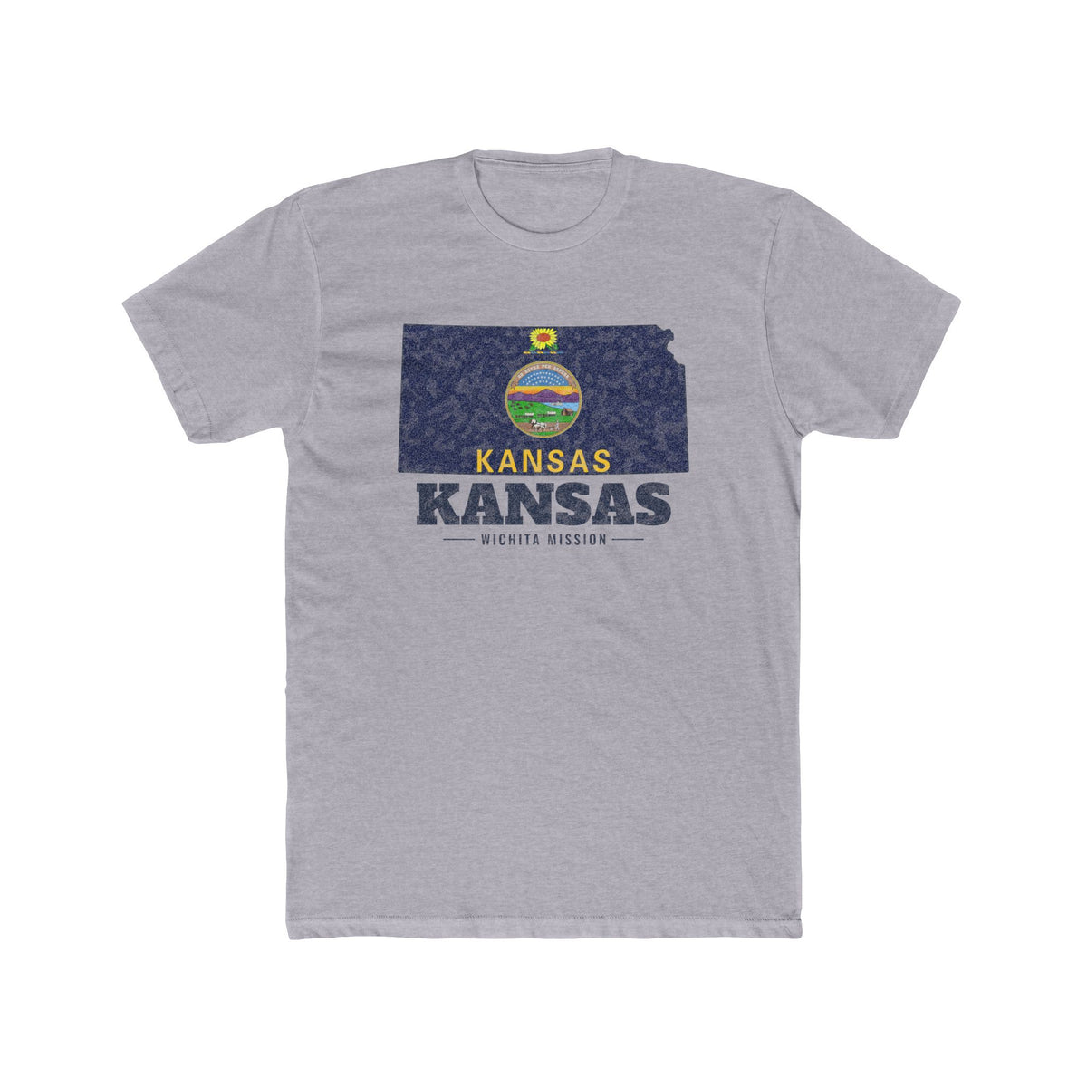 Kansas Wichita Mission Flag Map shirt in Heather Grey: Kansas state flag in the outline of Kansas with navy lettering, front view