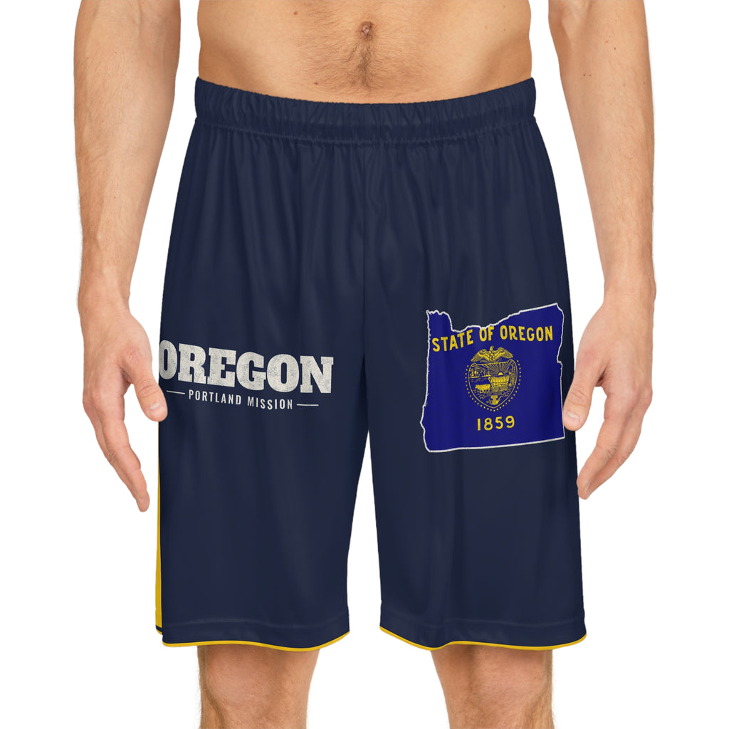 Oregon Portland Mission Basketball Shorts, worn, front view