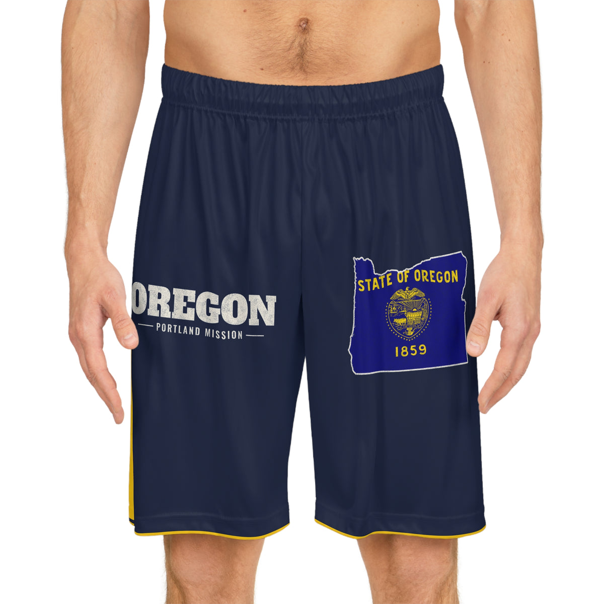 Oregon Portland Mission Basketball Shorts, worn, front view