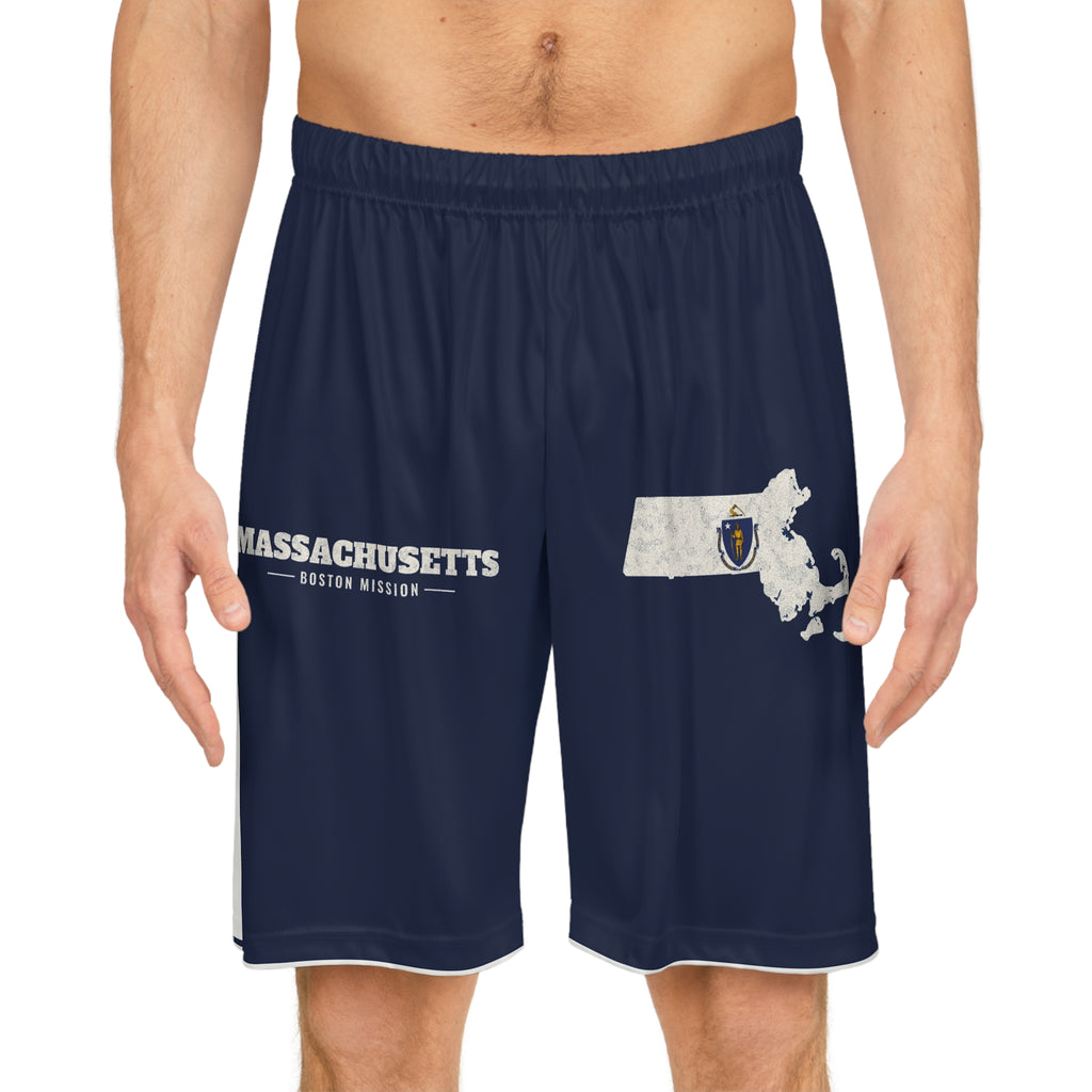 Massachusetts Boston Mission Basketball Shorts, worn, front view