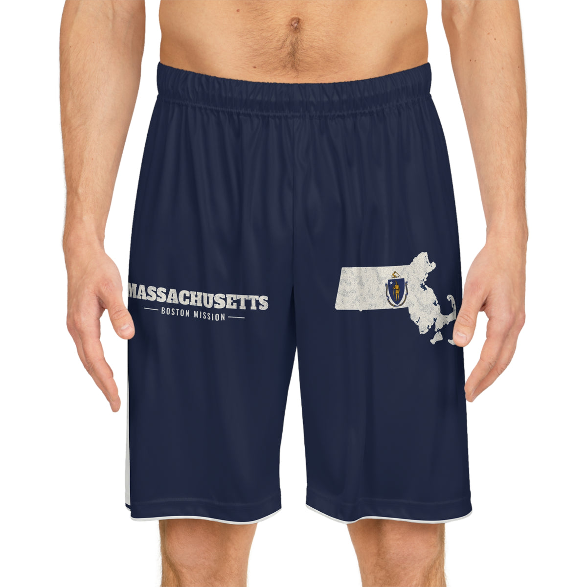 Massachusetts Boston Mission Basketball Shorts, worn, front view