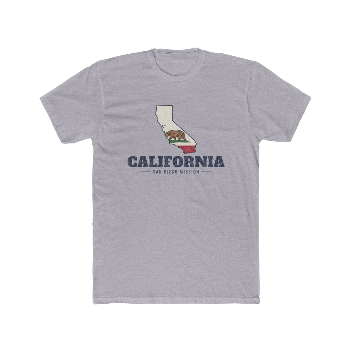 California San Diego Mission Flag Map shirt in Heather Grey: California state flag in the outline of California with navy lettering, front view