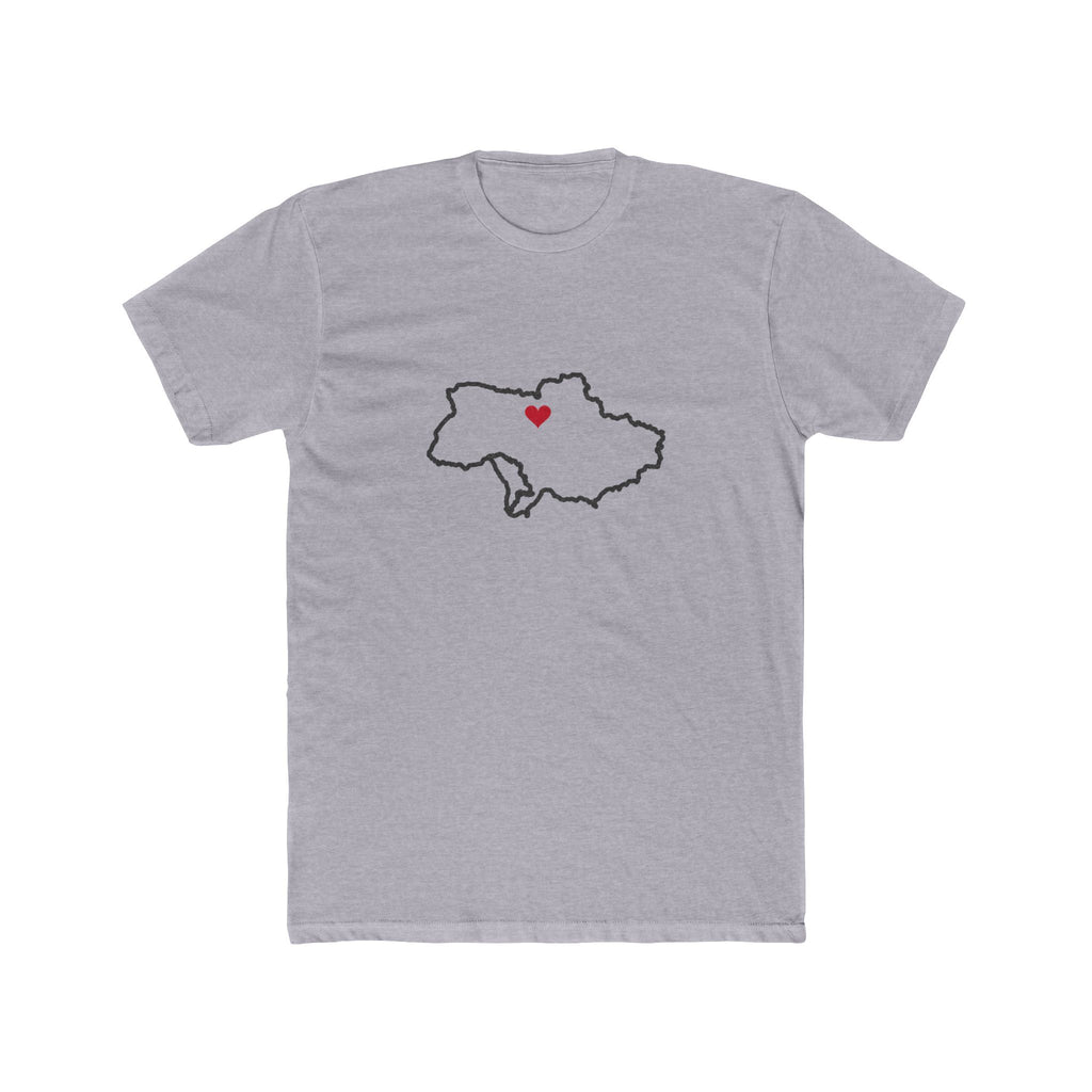 Ukraine Kyiv/Moldova Mission Heart Map shirt in Heather Grey: Ukraine outline with a red heart, front view