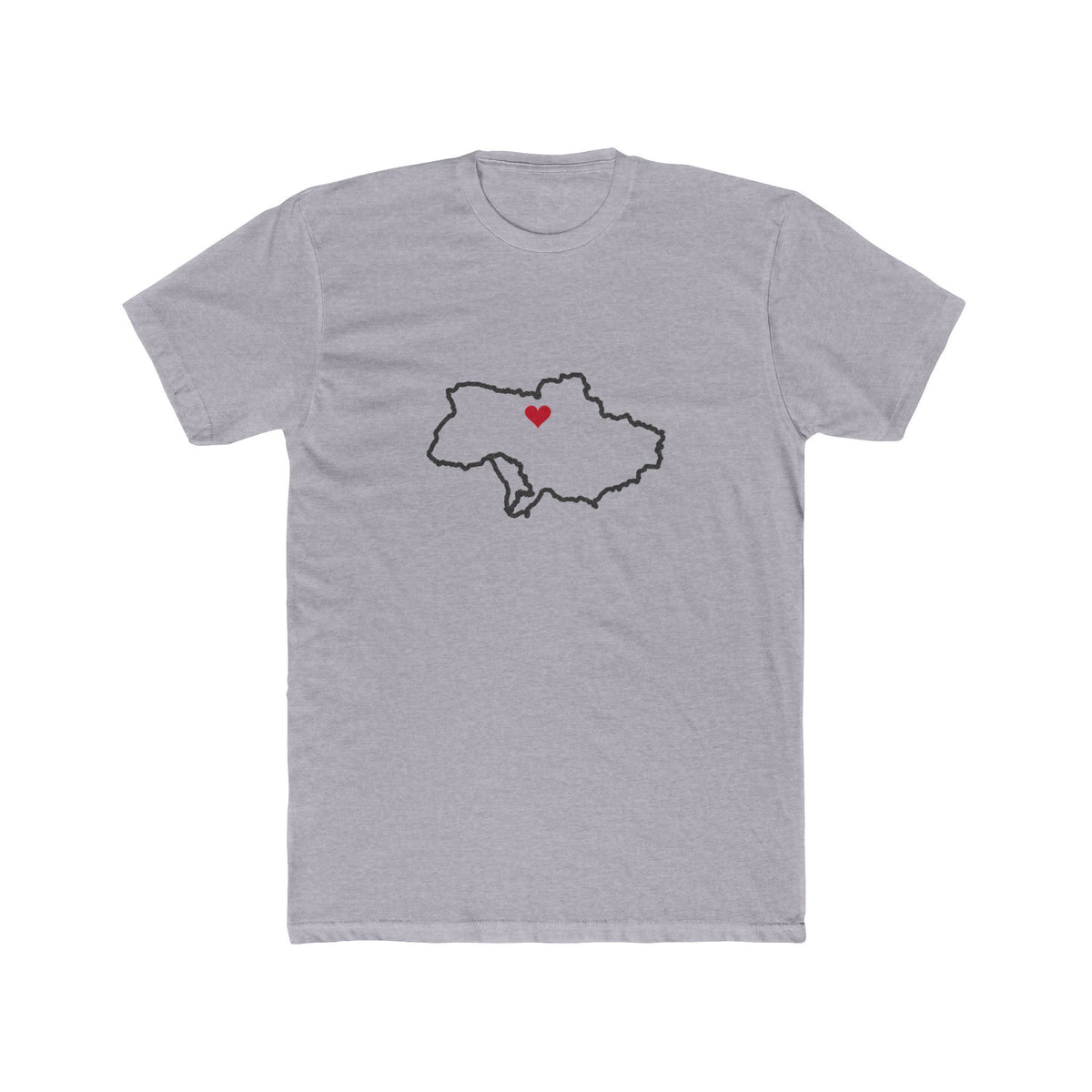 Ukraine Kyiv/Moldova Mission Heart Map shirt in Heather Grey: Ukraine outline with a red heart, front view