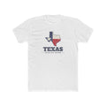 Texas Dallas West Mission Flag Map shirt in White: Texas state flag in the outline of Texas with navy lettering, front view