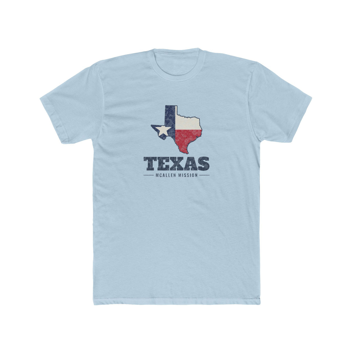 Texas McAllen Mission Flag Map shirt in Desert Pink: Texas state flag in the outline of Texas with navy lettering, front view