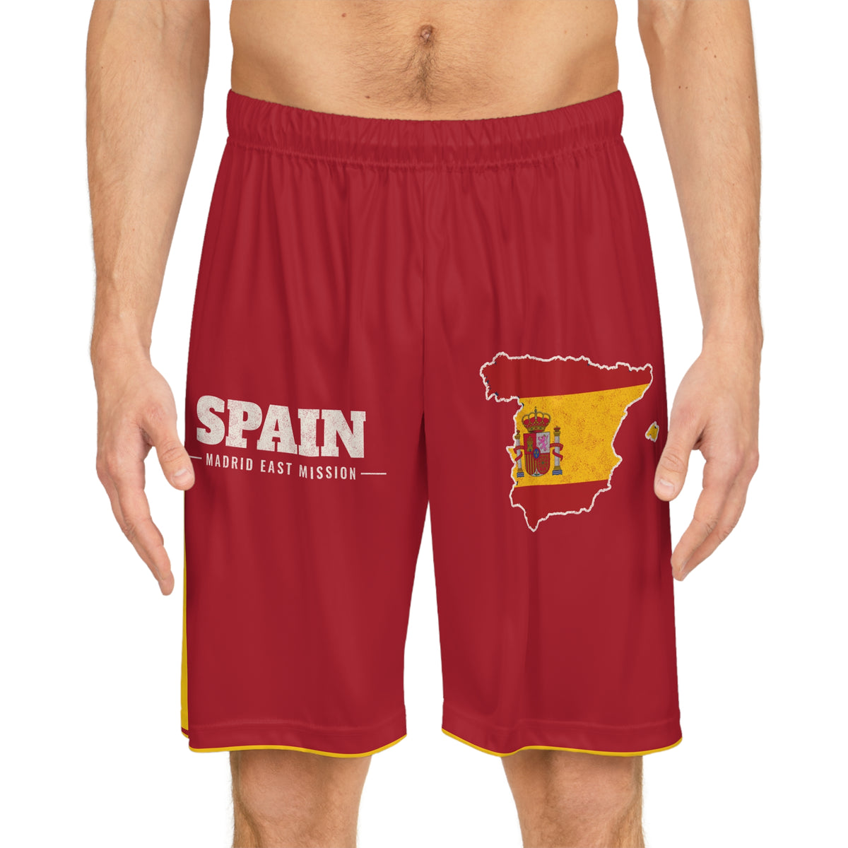 Spain Madrid East Mission Basketball Shorts, worn, front view