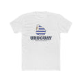 Uruguay Montevideo Mission Flag Map shirt in White: flag of Uruguay in the outline of Uruguay with navy lettering, front view