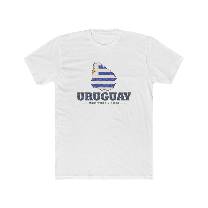 Uruguay Montevideo Mission Flag Map shirt in White: flag of Uruguay in the outline of Uruguay with navy lettering, front view