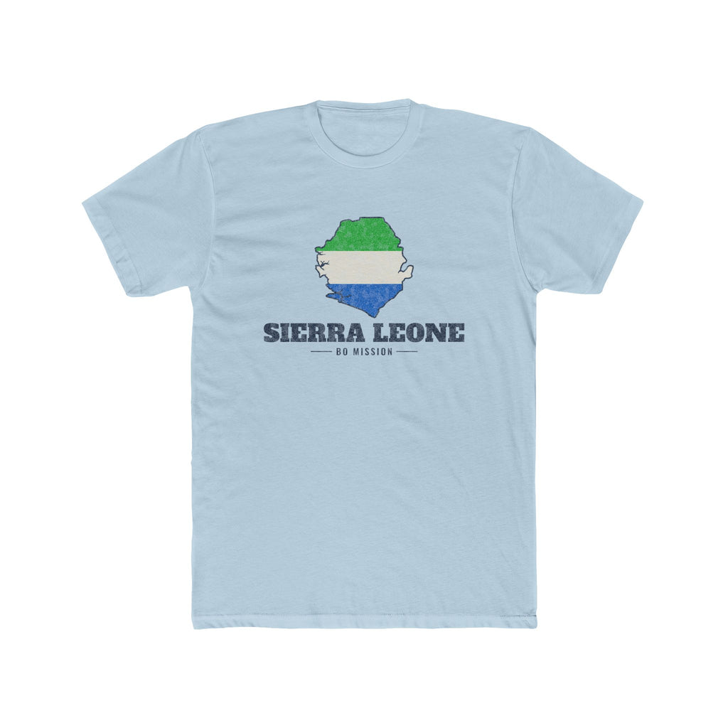 Sierra Leone Bo Mission Flag Map shirt in Desert Pink: flag of Sierra Leone in the outline of Sierra Leone with navy lettering, front view