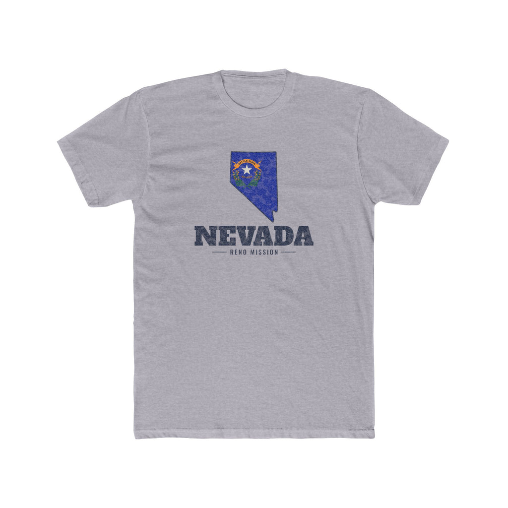 Nevada Reno Mission Flag Map shirt in Heather Grey: Nevada state flag in the outline of Nevada with navy lettering, front view