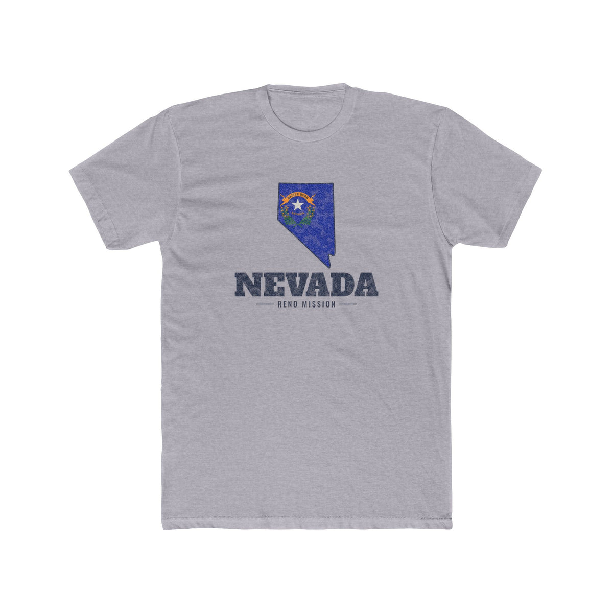 Nevada Reno Mission Flag Map shirt in Heather Grey: Nevada state flag in the outline of Nevada with navy lettering, front view