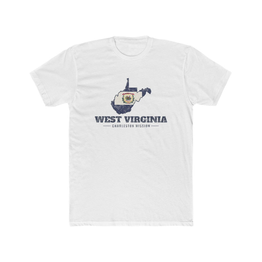West Virginia Charleston Mission Flag Map shirt in White: West Virginia state flag in the outline of West Virginia with navy lettering, front view
