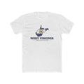 West Virginia Charleston Mission Flag Map shirt in White: West Virginia state flag in the outline of West Virginia with navy lettering, front view