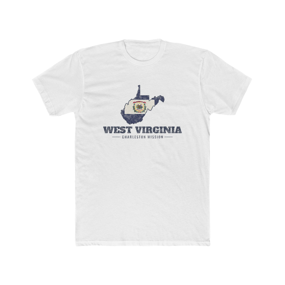 West Virginia Charleston Mission Flag Map shirt in White: West Virginia state flag in the outline of West Virginia with navy lettering, front view