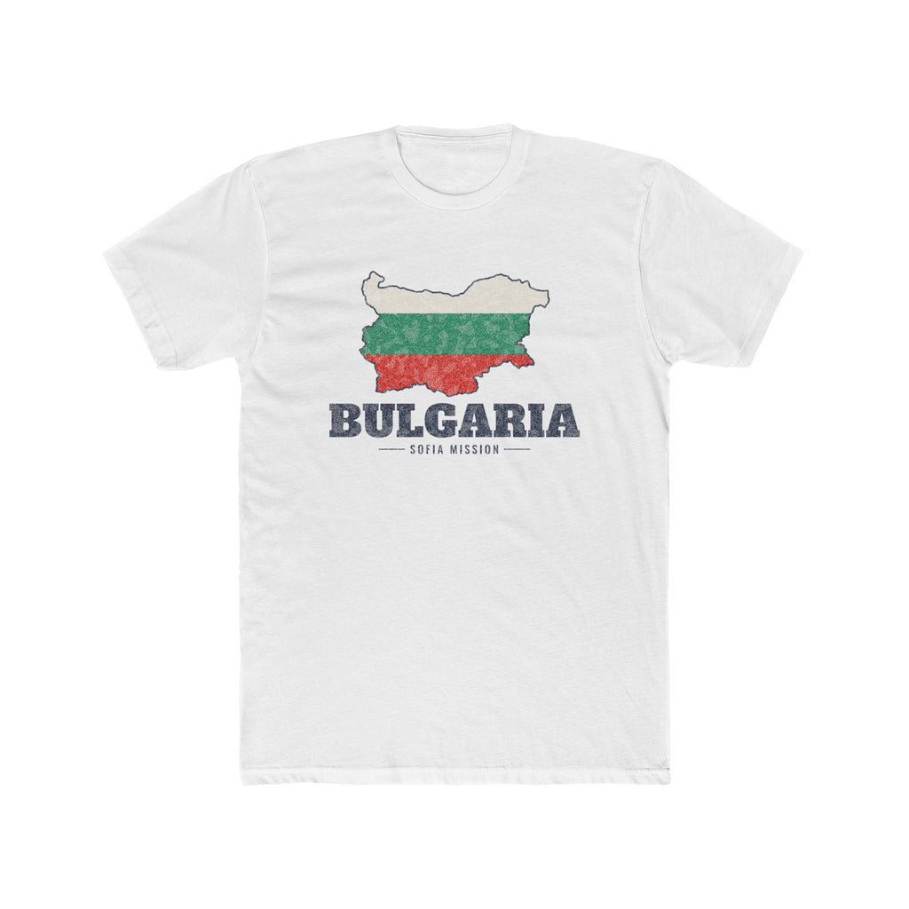 Bulgaria Sofia Mission Flag Map shirt in White: flag of Bulgaria in the outline of Bulgaria with navy lettering, front view