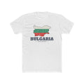 Bulgaria Sofia Mission Flag Map shirt in White: flag of Bulgaria in the outline of Bulgaria with navy lettering, front view