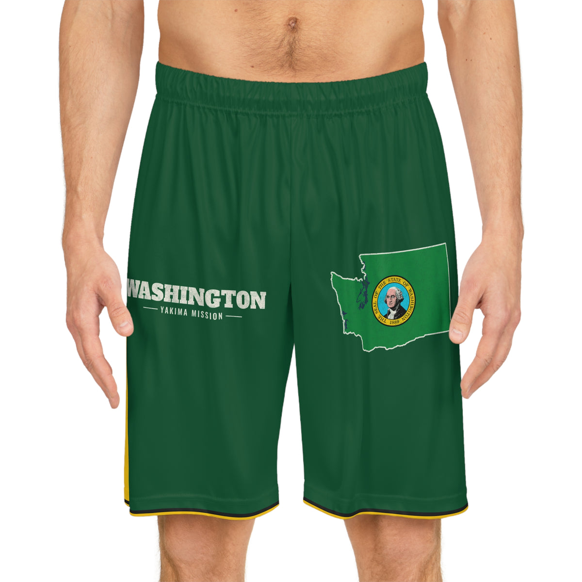 Washington Yakima Mission Basketball Shorts, worn, front view