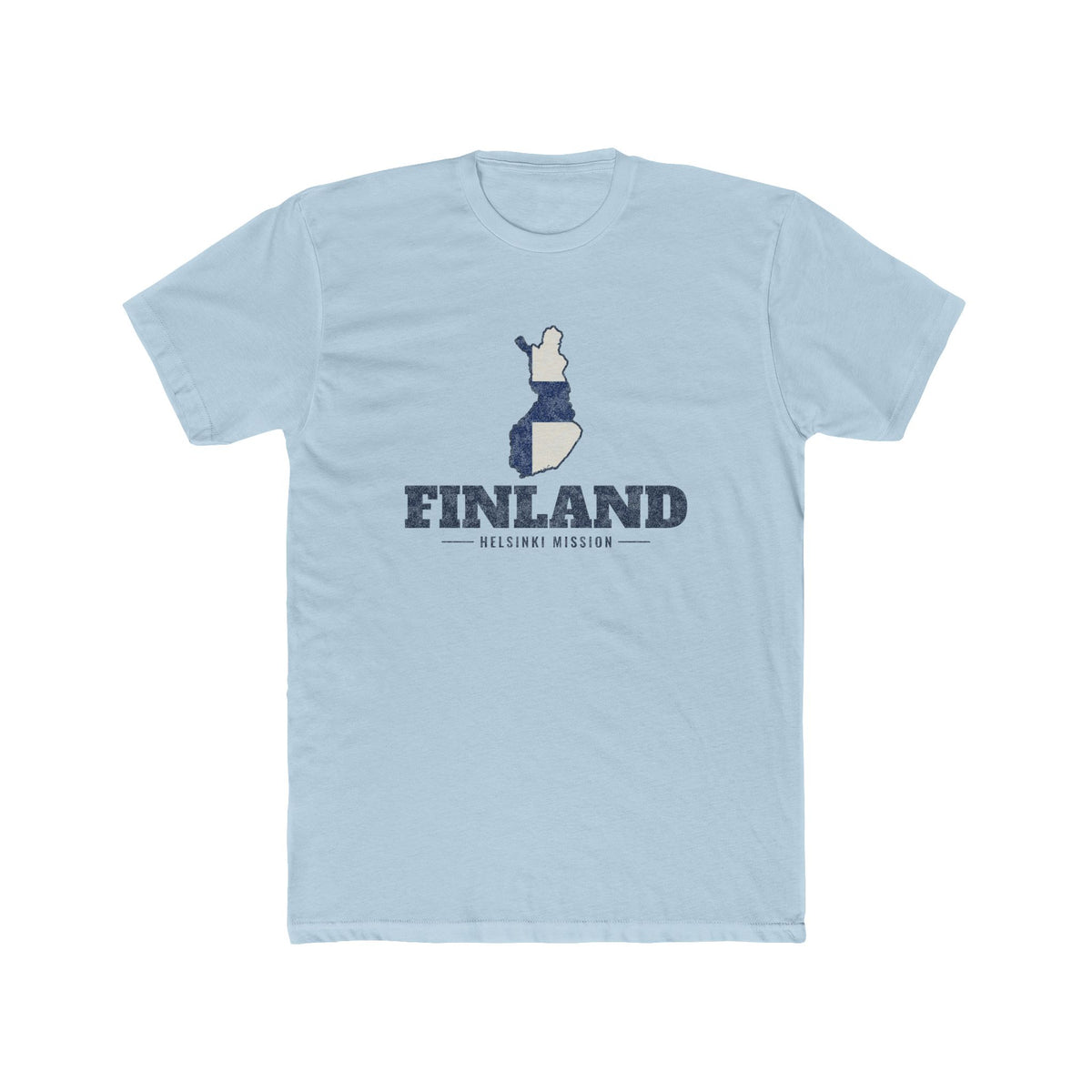 Finland Helsinki Mission Flag Map shirt in Desert Pink: flag of Finland in the outline of Finland with navy lettering, front view