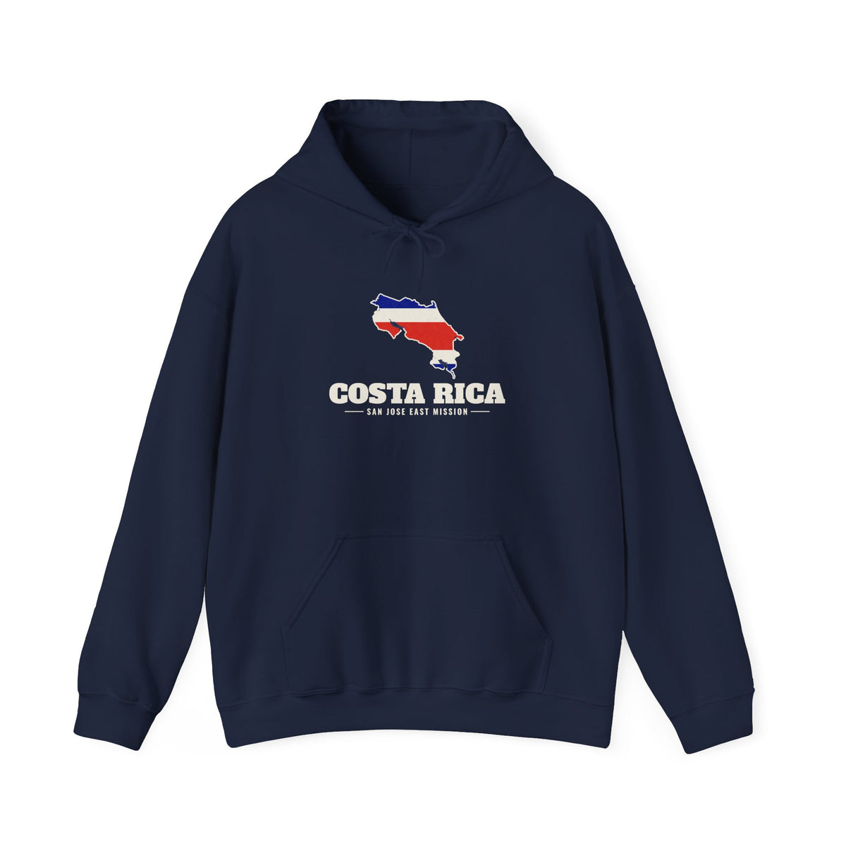 Costa Rica San Jose East Mission Flag Map Hoodie in Navy, front view with the flag map and mission name