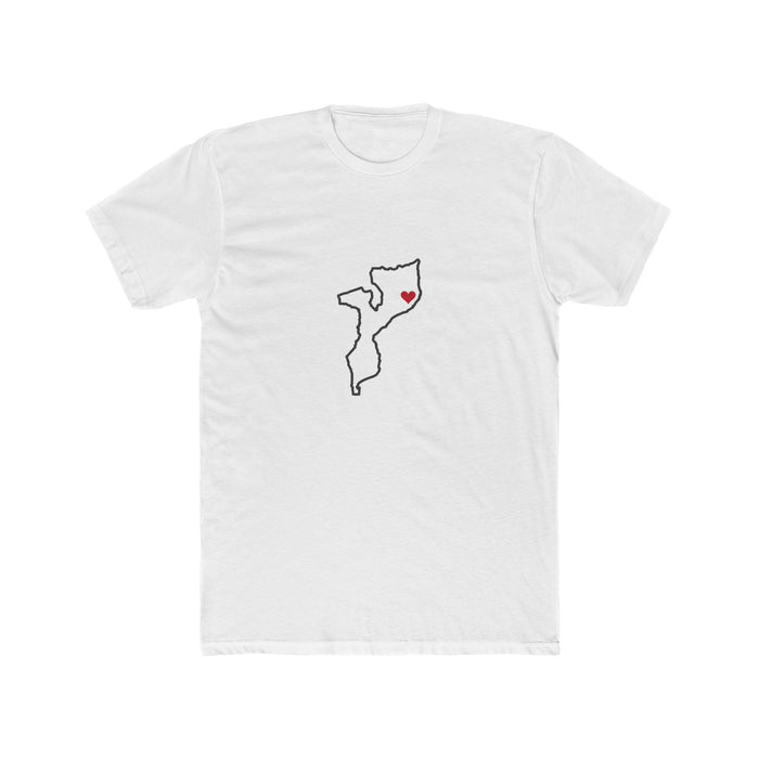 Mozambique Nampula Mission Heart Map shirt in White: Mozambique outline with a red heart, front view