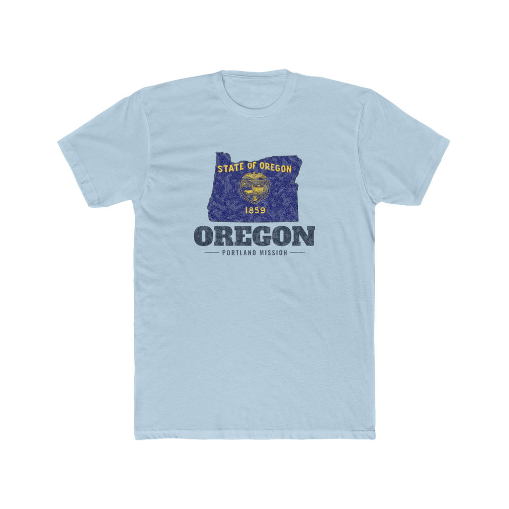 Oregon Portland Mission Flag Map shirt in Desert Pink: Oregon state flag in the outline of Oregon with navy lettering, front view