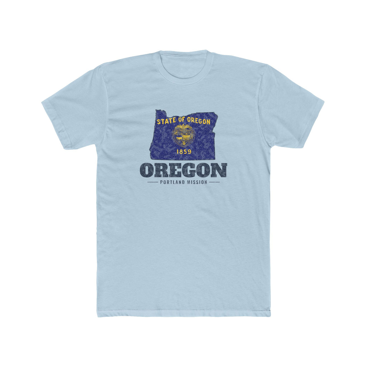 Oregon Portland Mission Flag Map shirt in Desert Pink: Oregon state flag in the outline of Oregon with navy lettering, front view