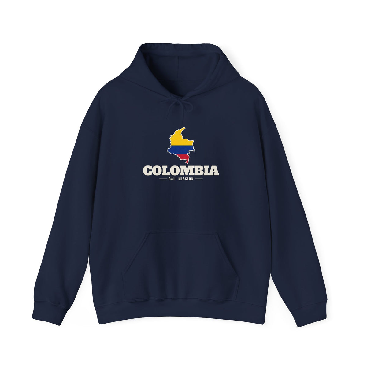 Colombia Cali Mission Flag Map Hoodie in Navy, front view with the flag map and mission name
