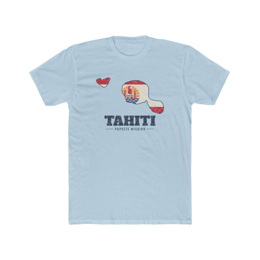 Tahiti Papeete Mission Flag Map shirt in Desert Pink: flag of Tahiti in the outline of Tahiti with navy lettering, front view