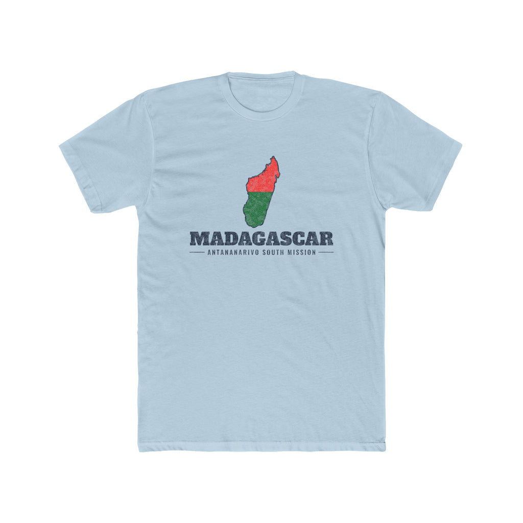 Madagascar Antananarivo South Mission Flag Map shirt in Desert Pink: flag of Madagascar in the outline of Madagascar with navy lettering, front view
