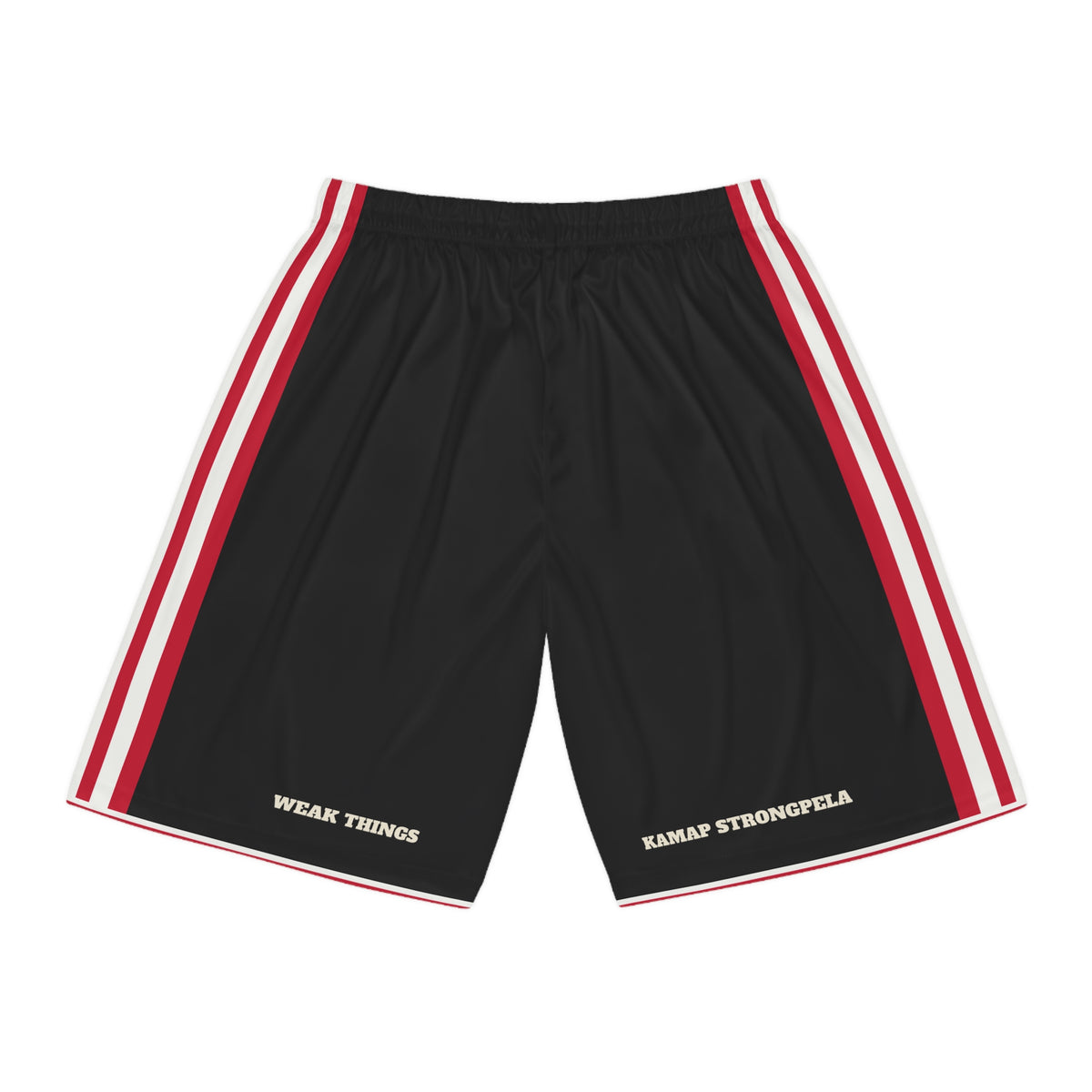 Papua New Guinea Port Moresby Mission Basketball Shorts, back view with WEAK THINGS and KAMAP STRONGPELA on the legs